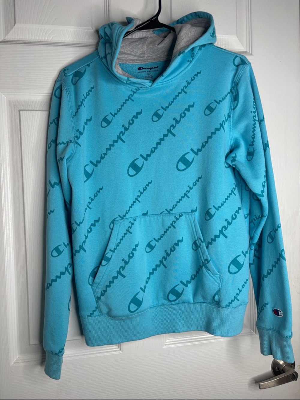 Champion Aqua Blue Allover Logo Hoodie